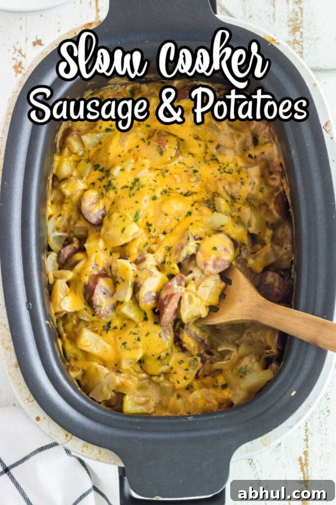 Overhead view of finished dish in a slow cooker with title text overlay.