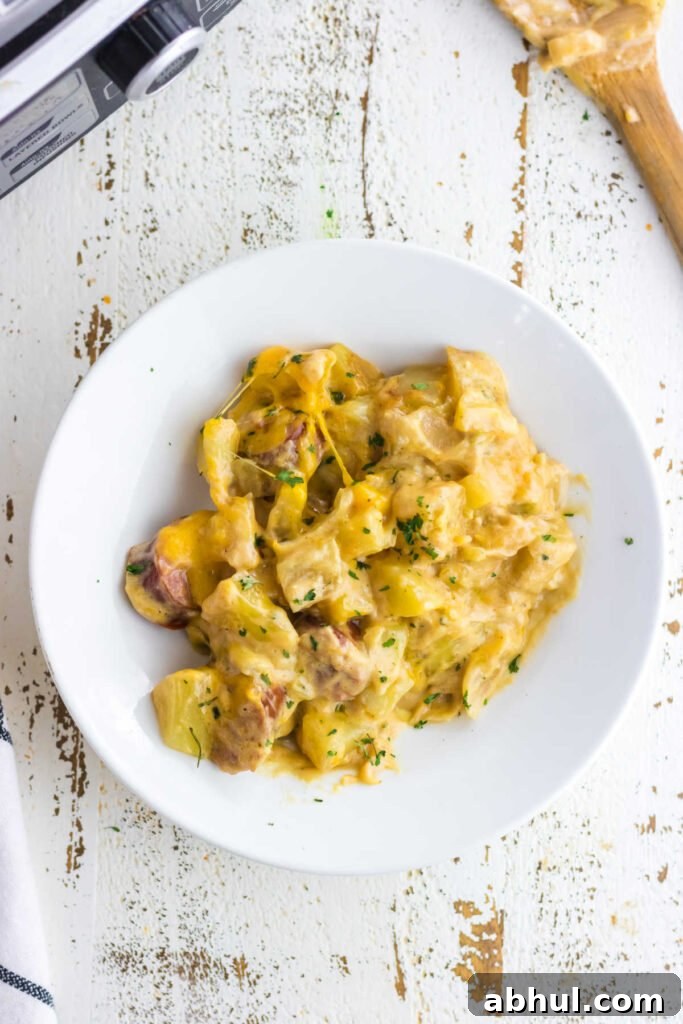 Overhead view of a serving of cheesy sausage and potatoes on a white plate.
