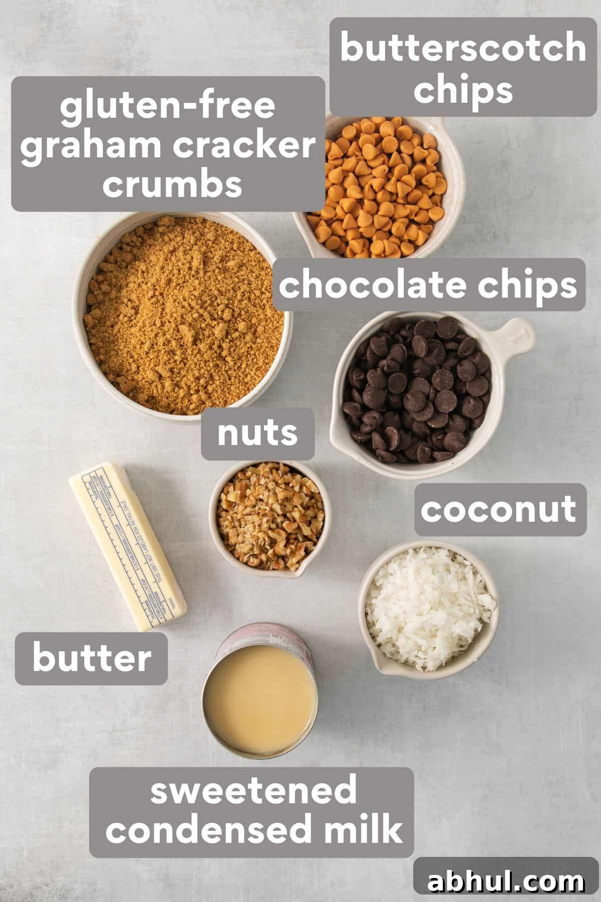 Gluten-Free Seven-Layer Bars Recipe — Chewy Chocolate Coconut Bars 3 7-layer bar ingredients on a countertop