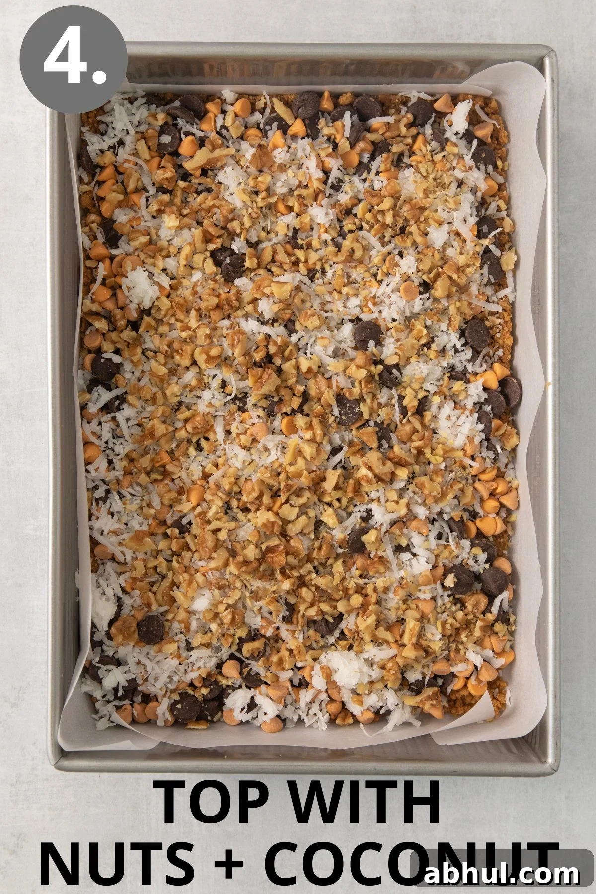 Gluten-Free Seven-Layer Bars Recipe — Chewy Chocolate Coconut Bars 7 nuts and coconut on top of the 7-layer bars