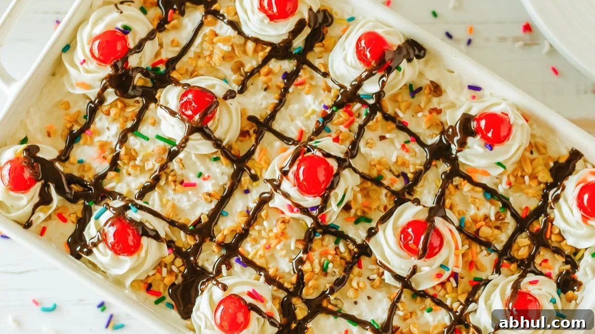 No-Bake Desserts That Satisfy Your Sweet Tooth Quickly 3 Banana split cake in white baking dish.