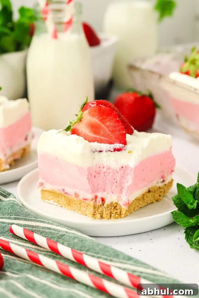 No-Bake Desserts That Satisfy Your Sweet Tooth Quickly 4 No-bake strawberry lasagna served on a plate.