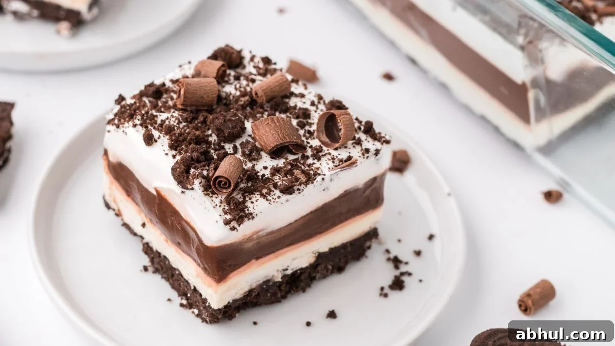 No-Bake Desserts That Satisfy Your Sweet Tooth Quickly 5 No-bake chocolate lasagna on a white plate.