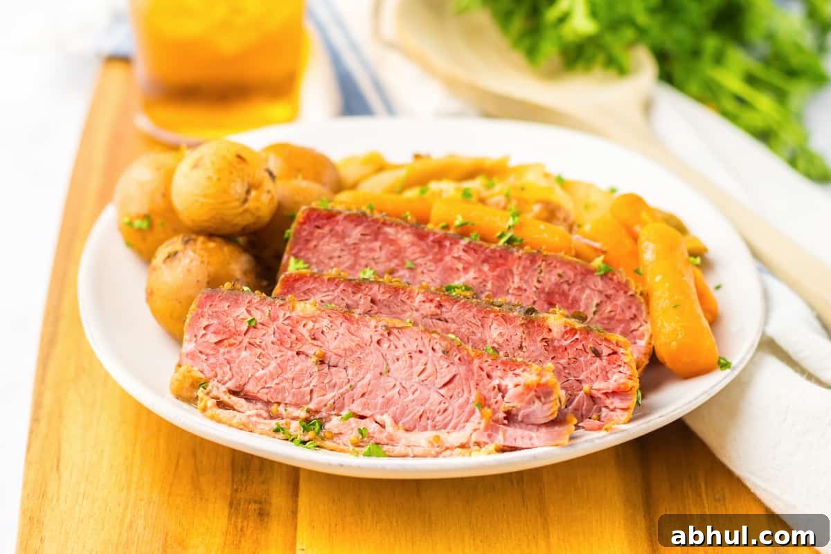 Crockpot corned beef and vegetables served on a white plate with a glass of iced tea.