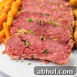Tender and juicy crockpot corned beef brisket with baby potatoes and carrots.