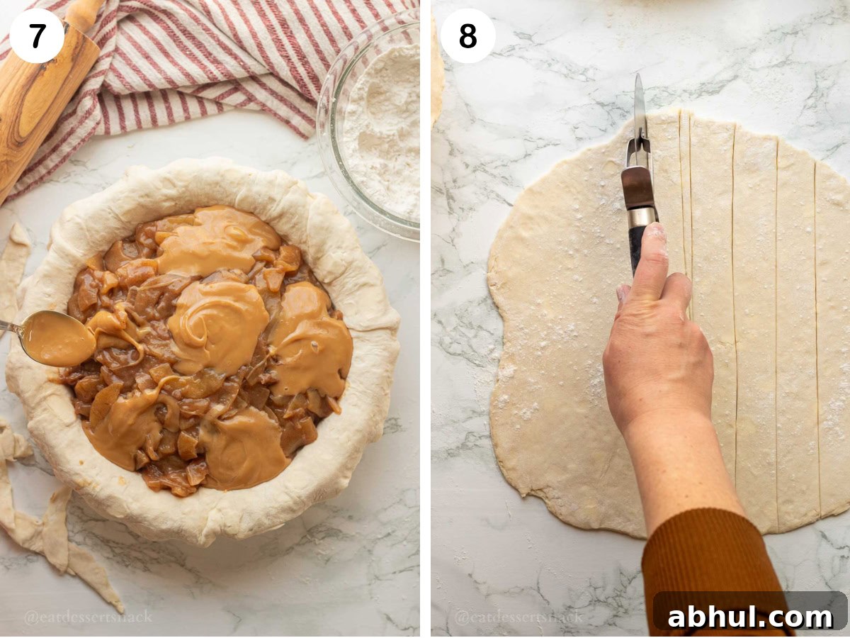 Apple pie filling in raw pie crust with caramel sauce, and raw pie crust being cut into lattice strips.