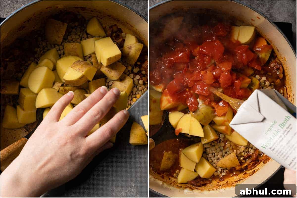 collage of adding chunks of potatoes into pot and adding broth into soup pot with other soup ingredients inside