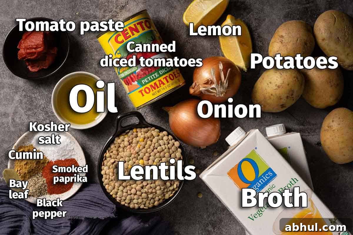 ingredients for lentil potato soup with text labels