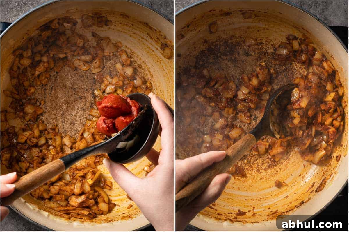 collage of adding tomato paste into pot and stirring tomato paste with onions in pot