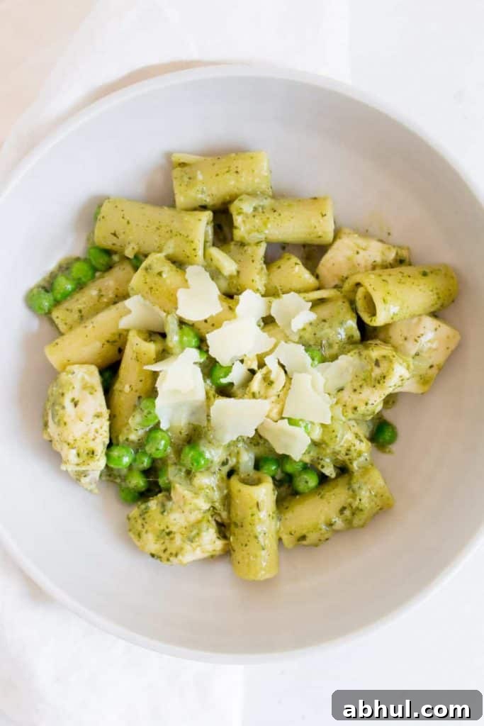 One Pot Chicken Pesto Pasta with Peas plated