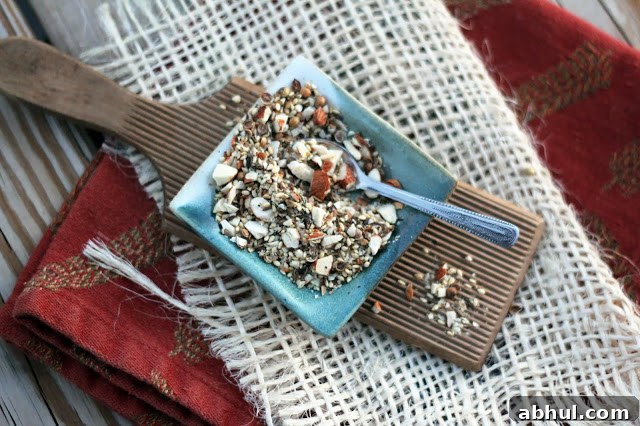 Dukkah blend from Hannah of Blue Kale Road in a small blue dish.