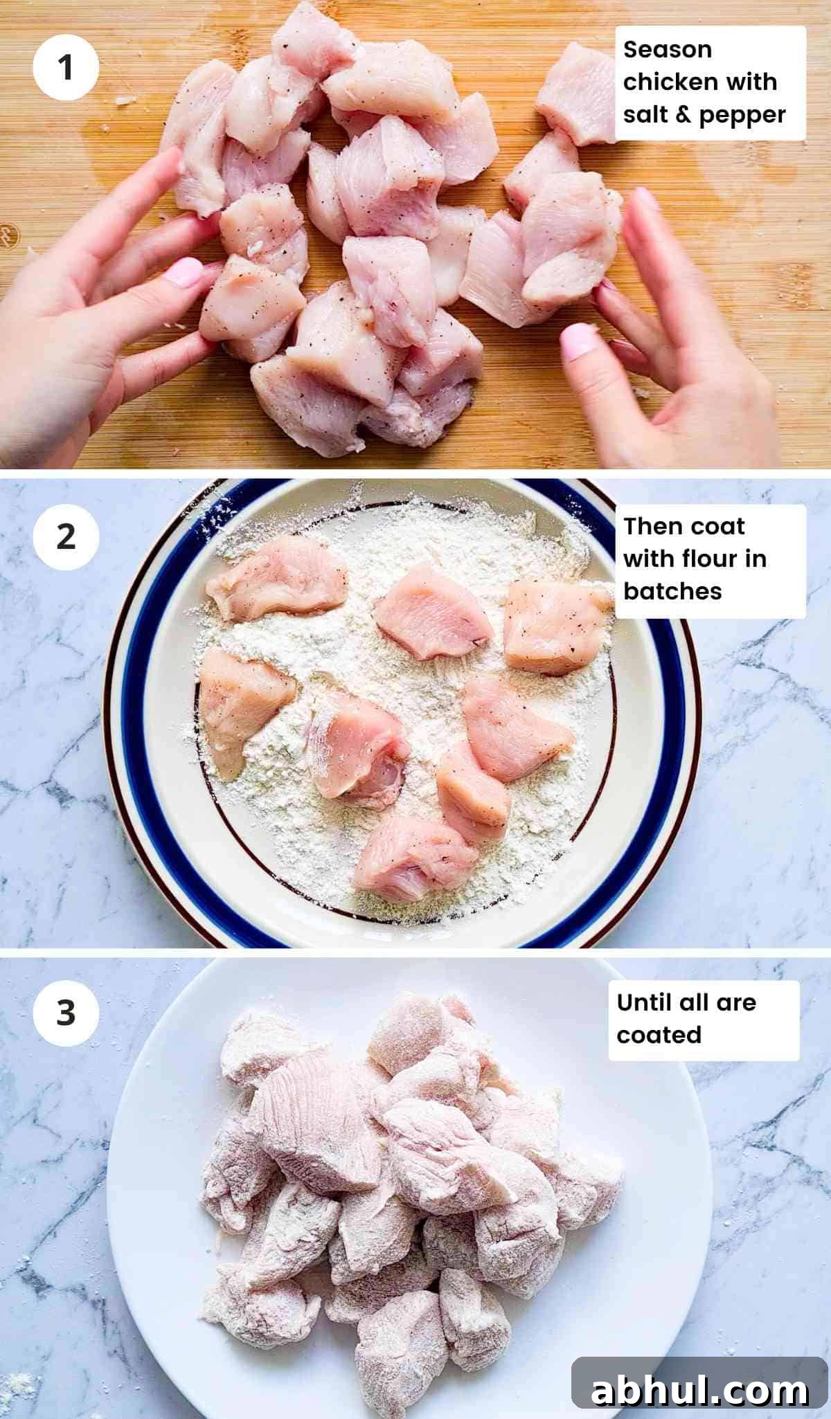 3 step how to collage of coating chicken with captions