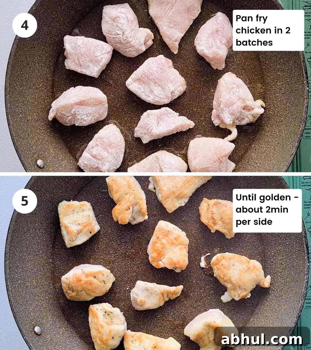 2 step how to collage of pan searing chicken until golden with captions