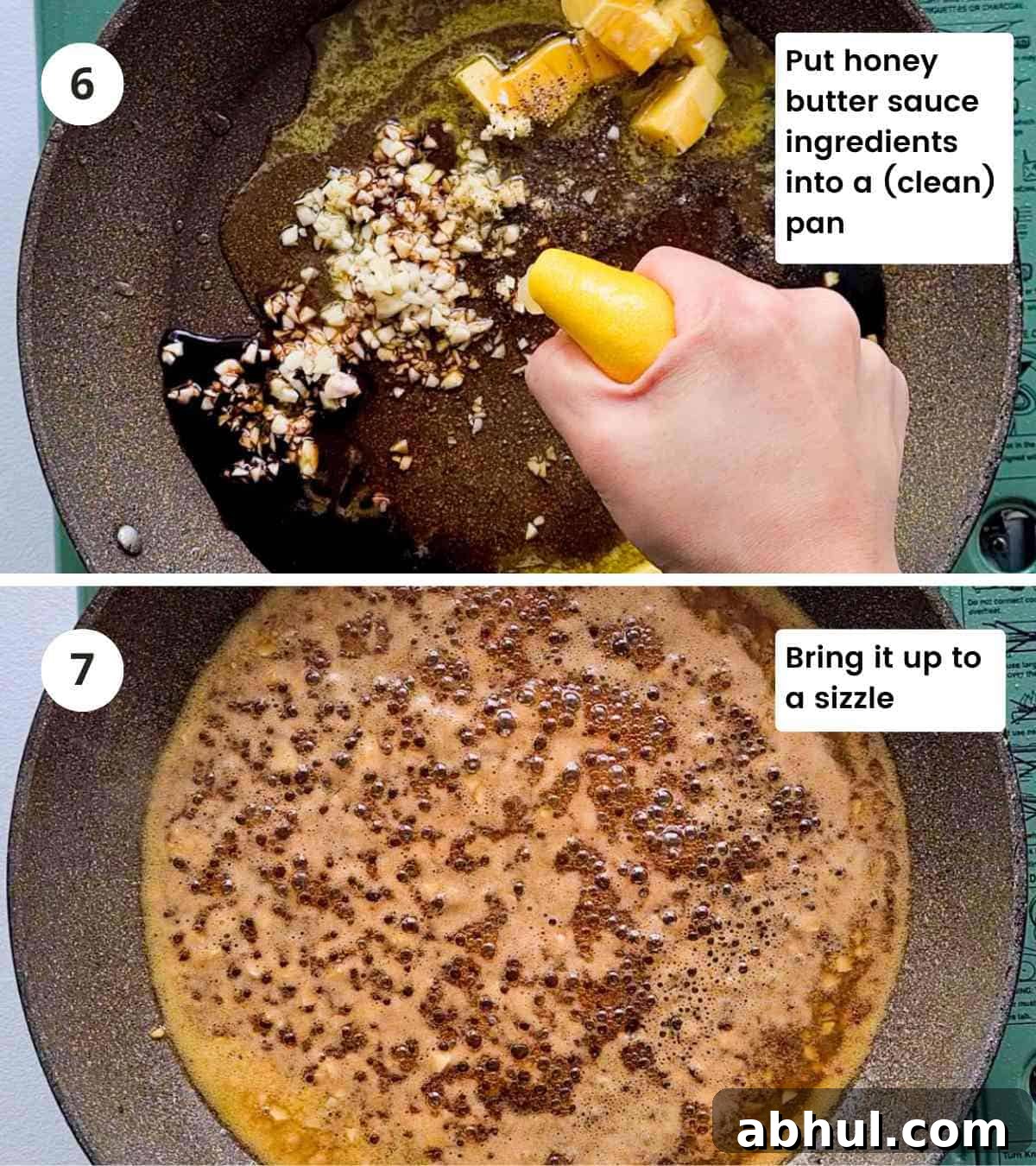 2 step collage of making honey butter glaze in a frying pan with captions