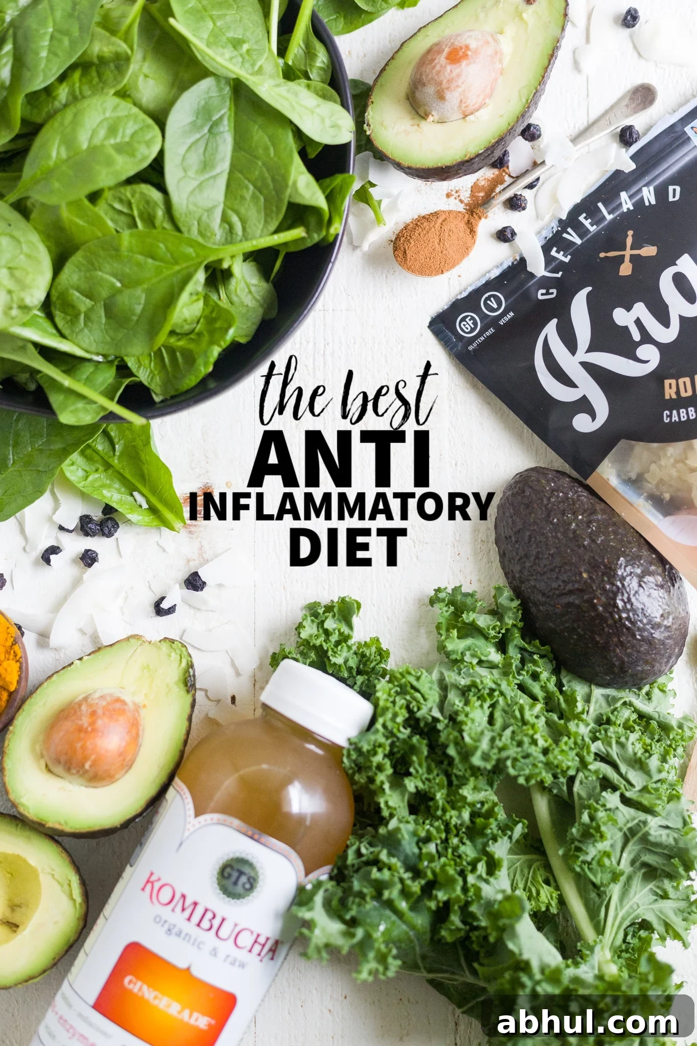 simple anti inflammatory diet ingreidntes on a table including spinach, cinnamon, fermented foods and more