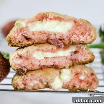 three strawberry cheesecake cookies on a baking rack.