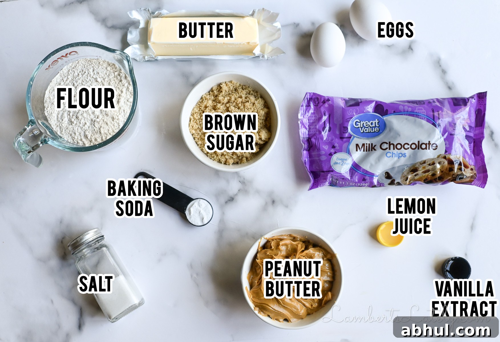 ingredients for peanut butter chocolate chip cookies.
