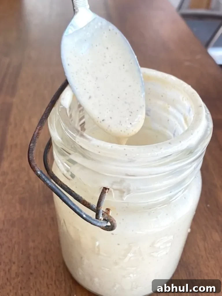 Yummy Alabama whie BBQ sauce dripping off a spoon