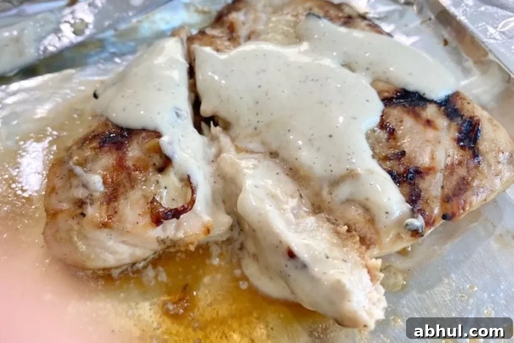 a juicy strip of grilled chicken breast with White Alabama BBQ sauce slathered on top
