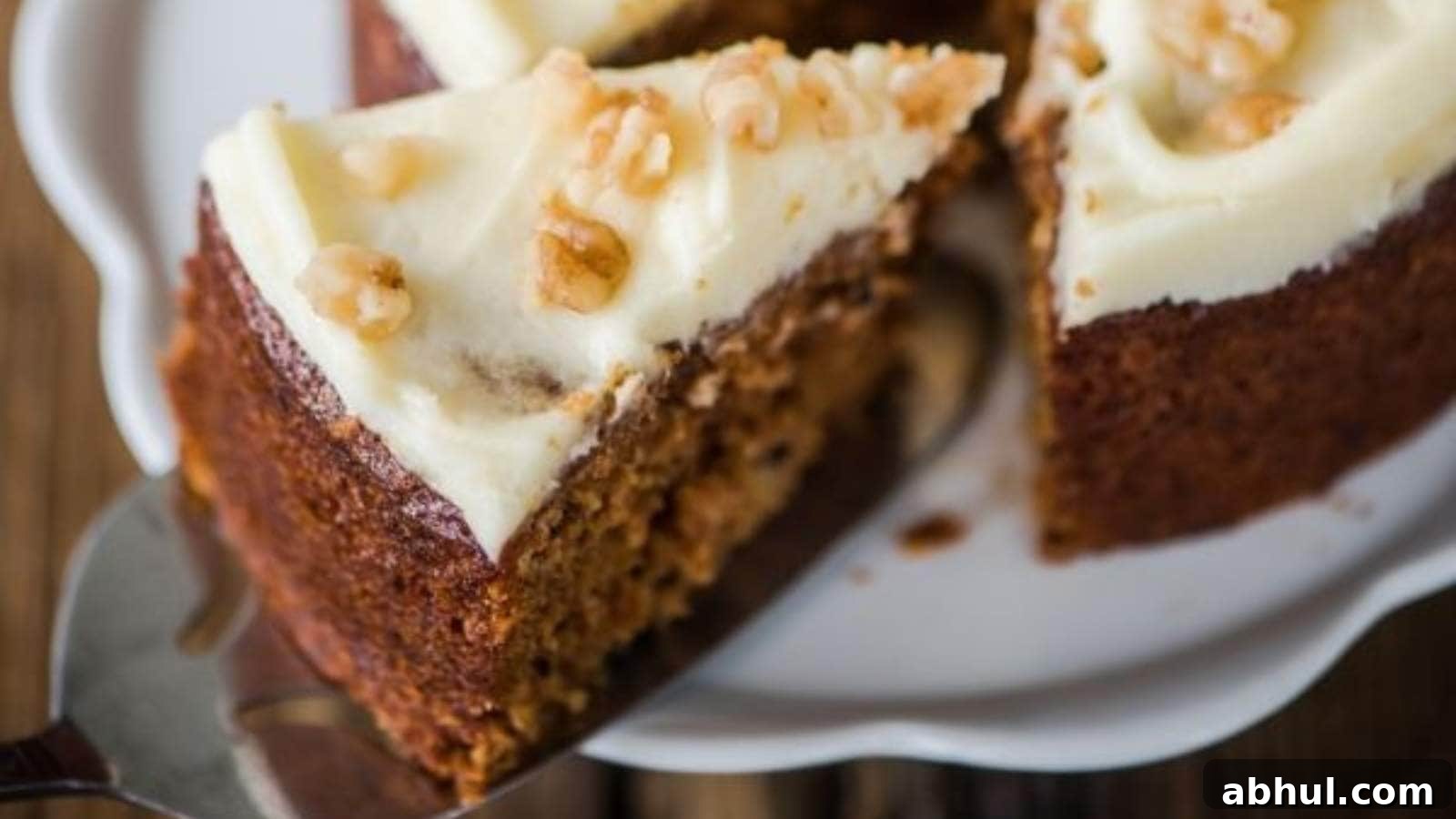 One piece of carrot cake being pulled away from the rest of the cake with a silver spatula.