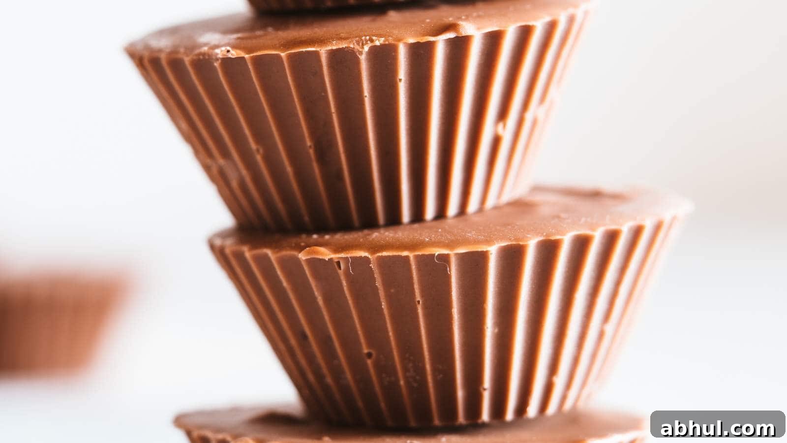 Close up of a stack of peanut butter cups with blurred background.