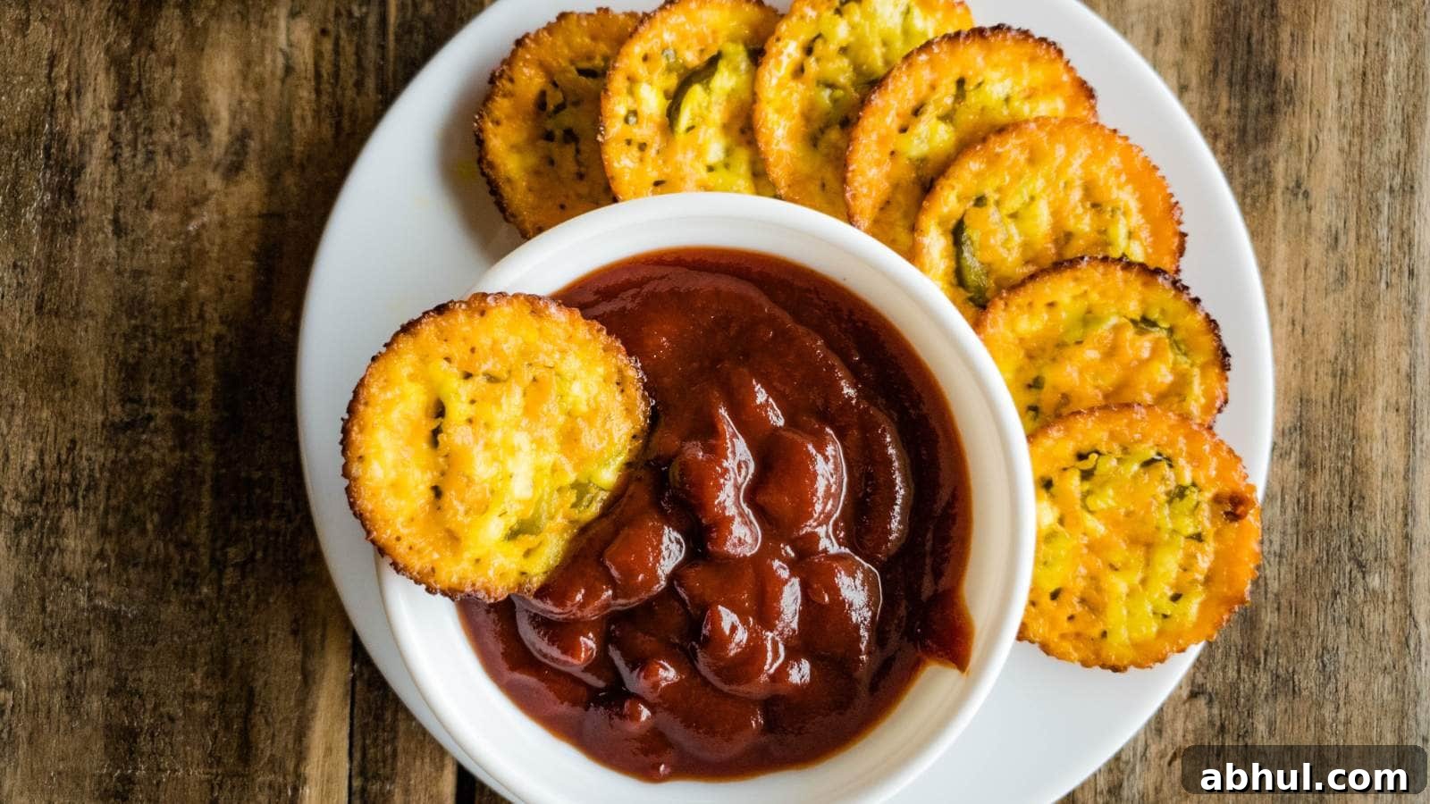 Baked pickle cheese chips with bowl of ketchup on white plate.