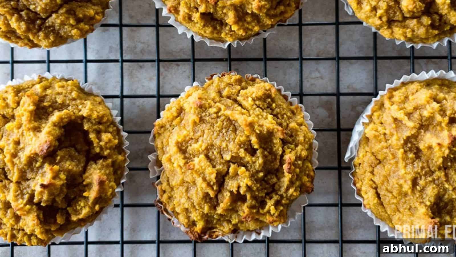 Six pumpkin muffins on a cooling rack with a grid pattern viewed from above.