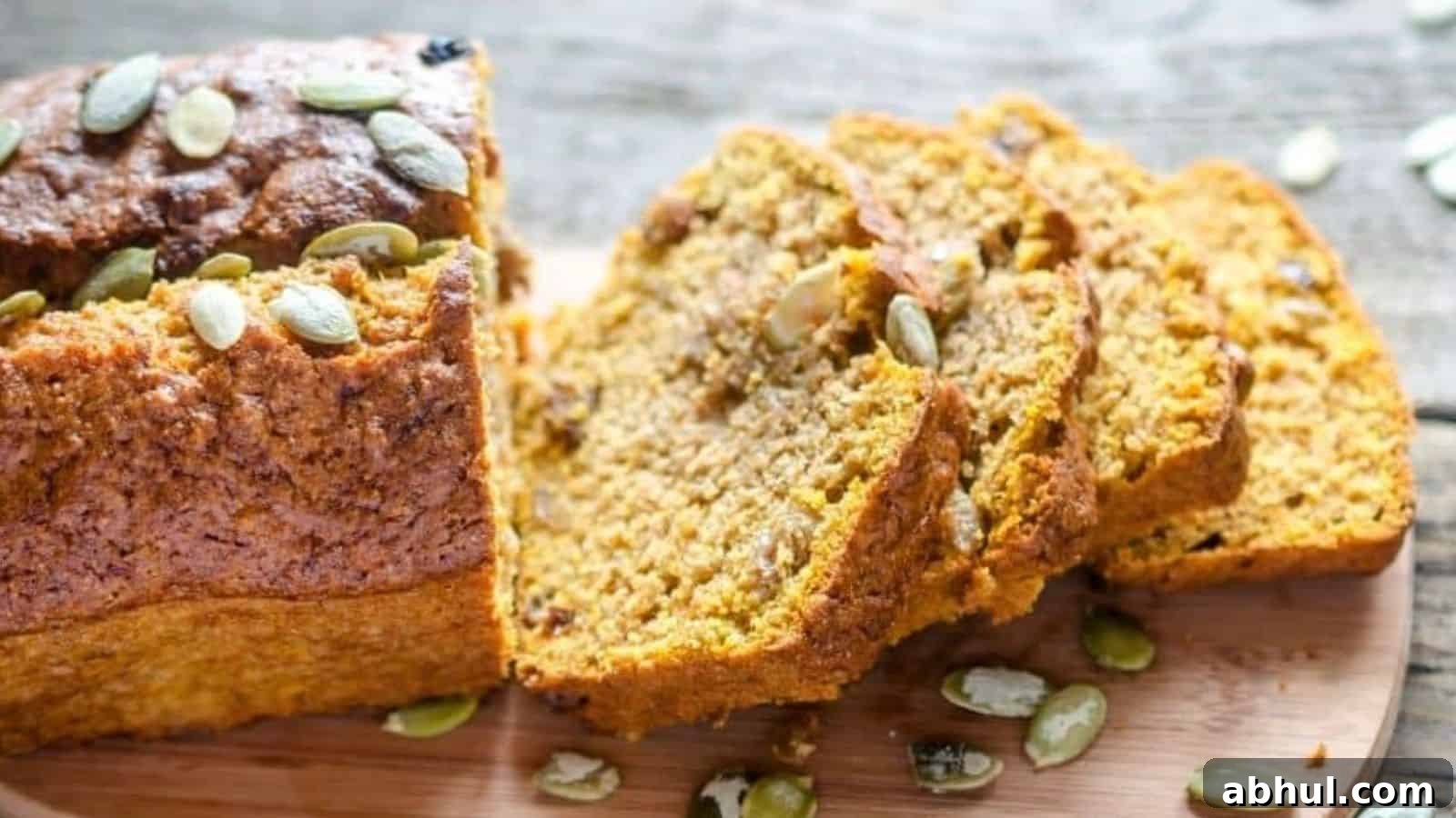 A loaf of pumpkin bread partially sliced on a wooden surface, with visible pumpkin seeds on top and inside the bread slices.