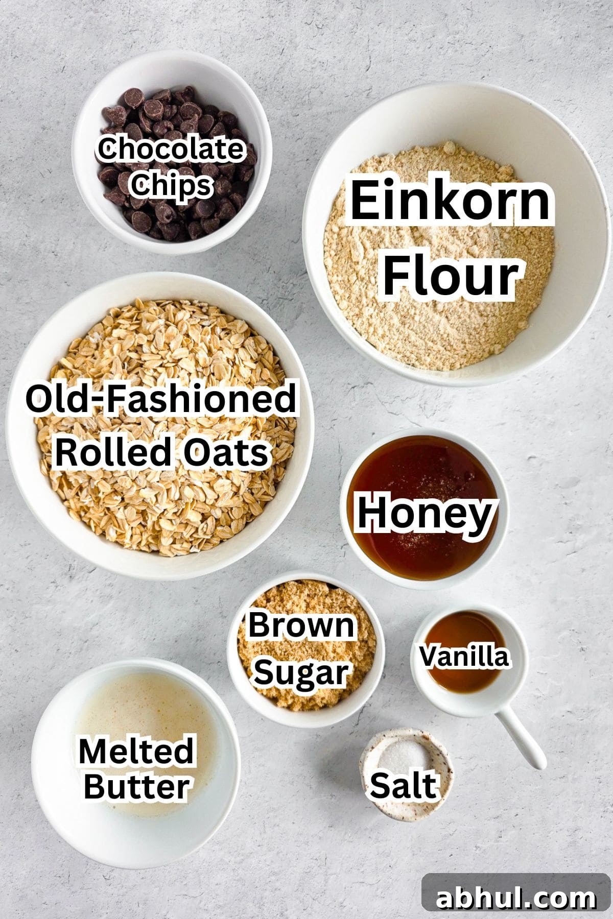 Einkorn Flour and honey with oats, chocolate chips, and butter for granola bars.