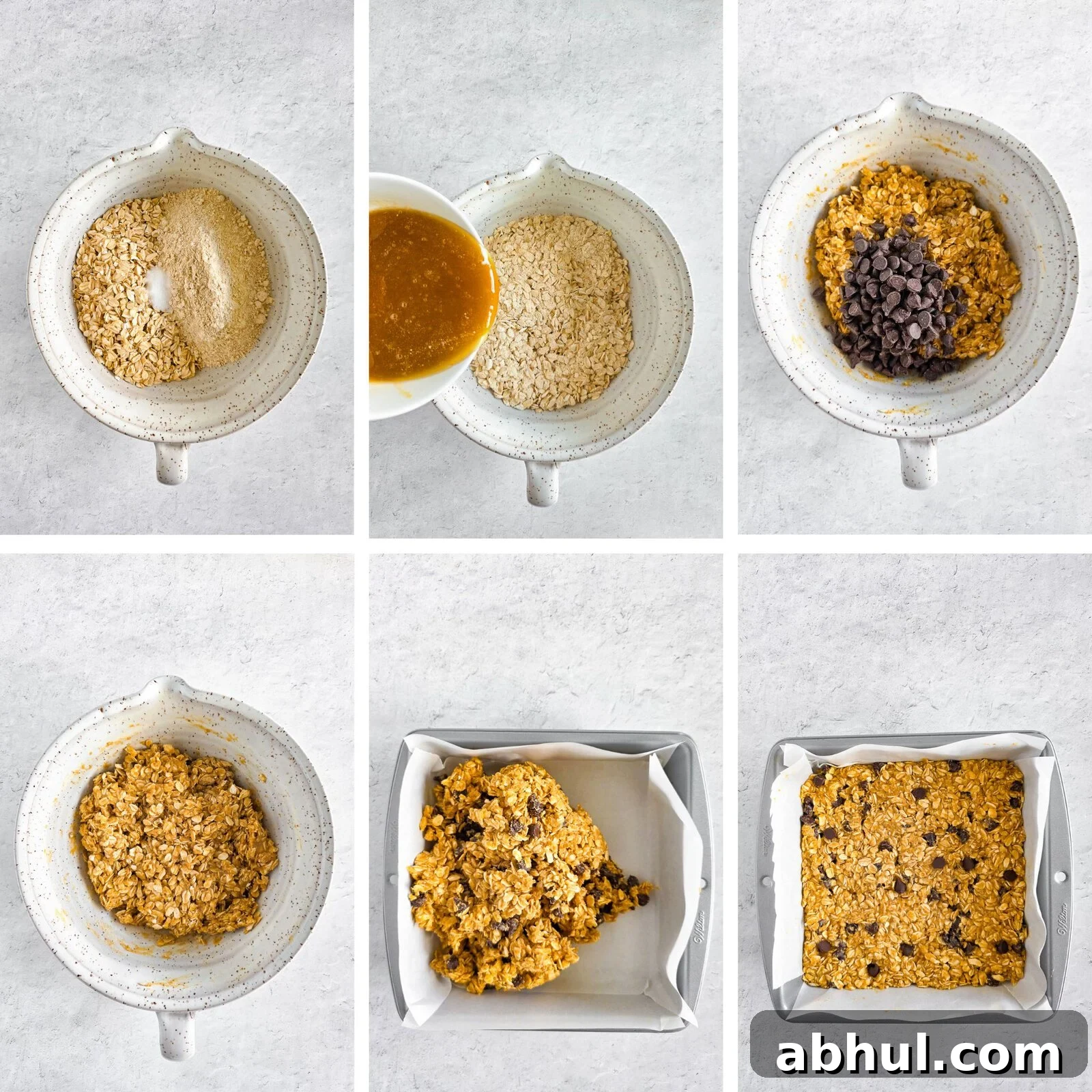 Chewy Einkorn Granola Bars preparation process in six steps.