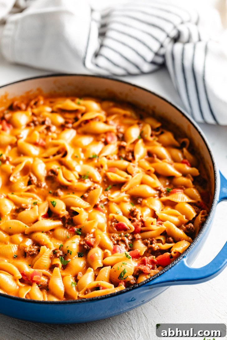 Side view of ground beef and cheese pasta in a pan.