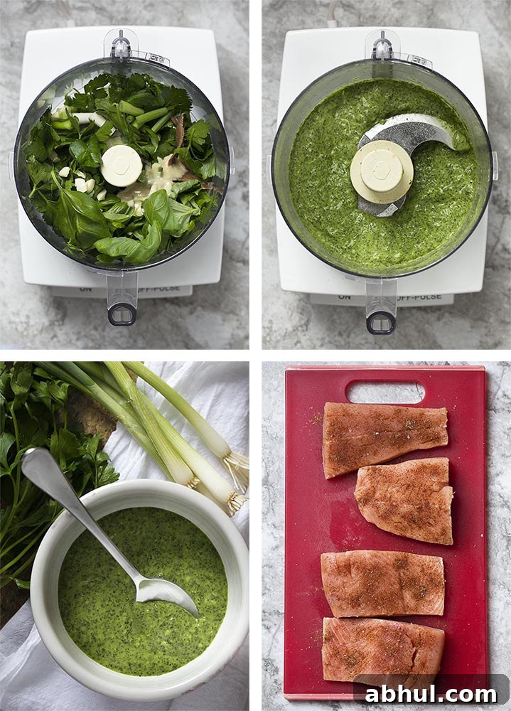 Step by step pictures showing how to make salmon with green sauce.