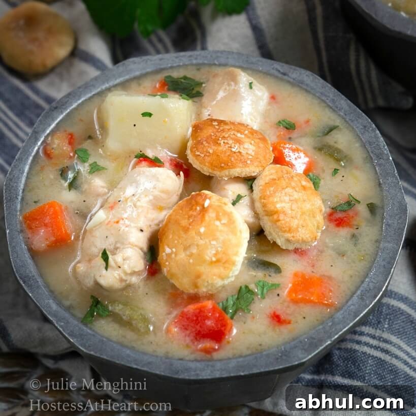 Roasted Vegetable Cream Soup Recipe – Velvety Homemade Flavor 4 Top view close up of a bowl of Chicken Pot Pie Soup