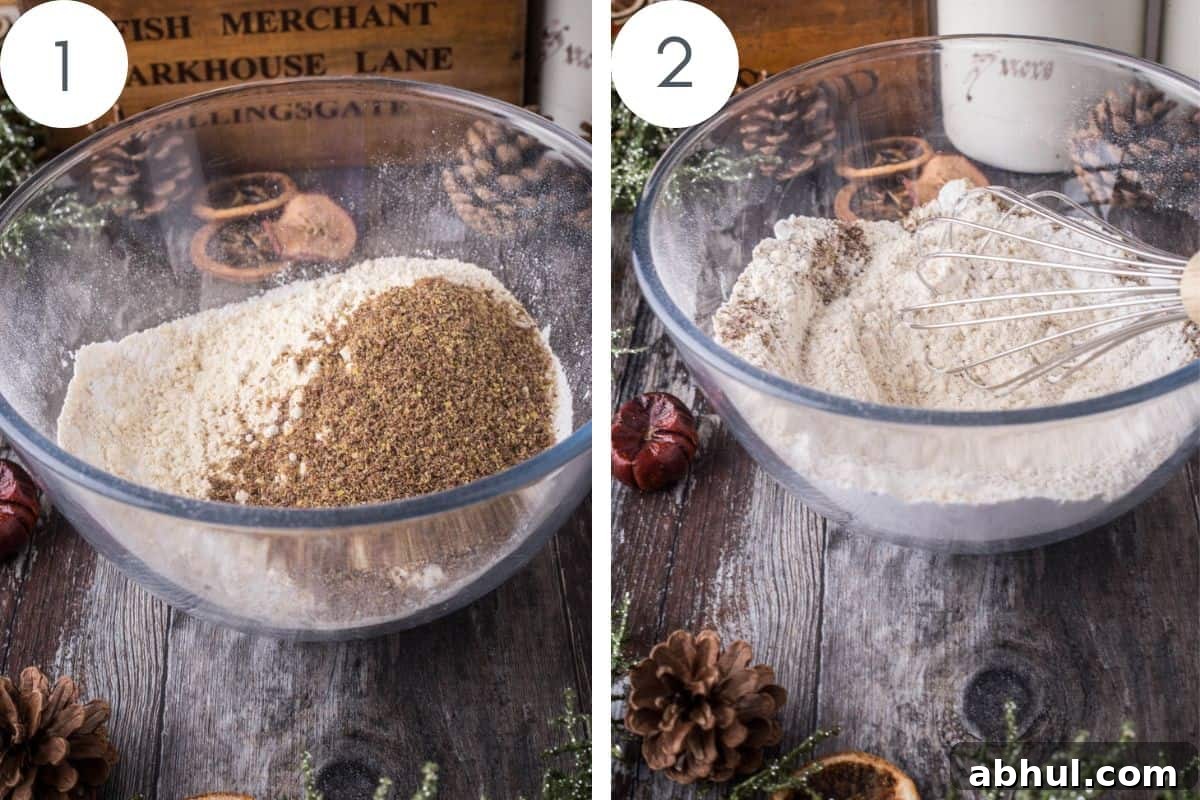 Flours for gluten-free mince pies being whisked together in a large glass bowl