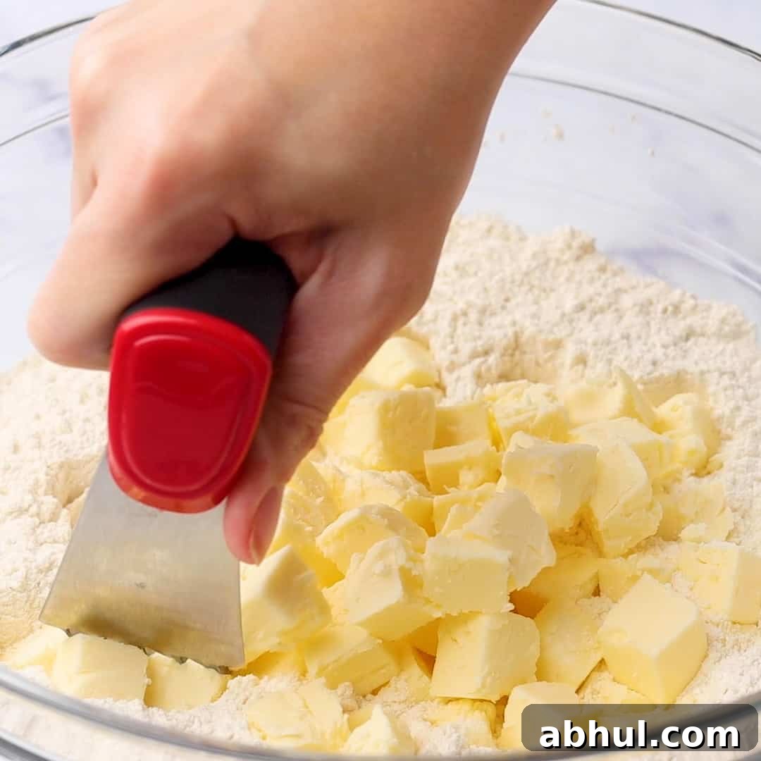 adding cold butter in the flour mixture and mixing it with a pastry blender