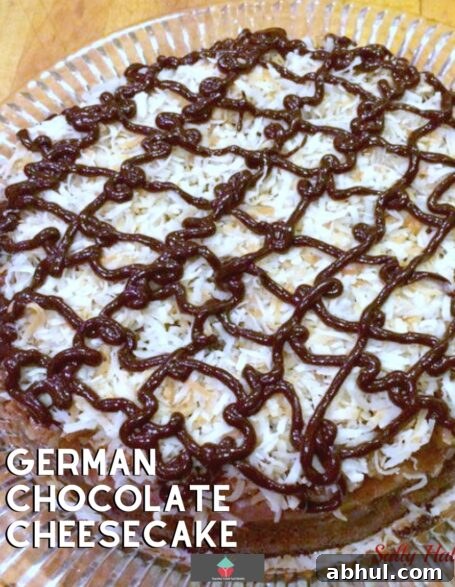 German Chocolate Cheesecake, a popular baked rich chocolate cheesecake, baked on a buttery crust and topped with pecans, coconut and chocolate. Perfect for celebrations