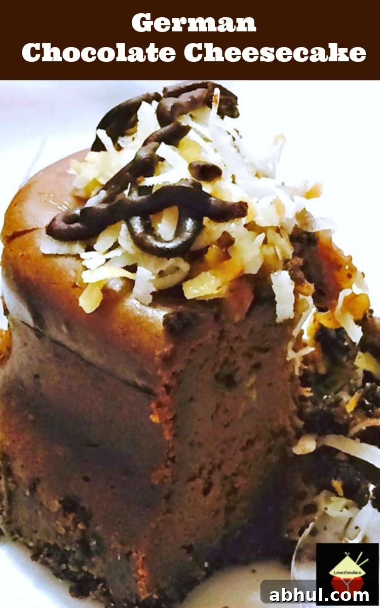 German Chocolate Cheesecake, a popular baked rich chocolate cheesecake, baked on a buttery crust and topped with pecans, coconut and chocolate. Perfect for celebrations