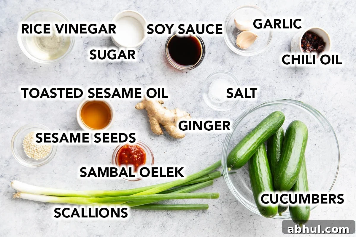 Asian cucumber salad ingredients with labels: cucumbers, rice vinegar, soy sauce, sugar, garlic, chili oil, ginger, sesame seeds, and scallions.