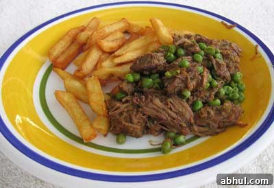 Leftover meat with fries.