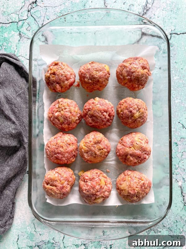 Top view of ham balls in dish