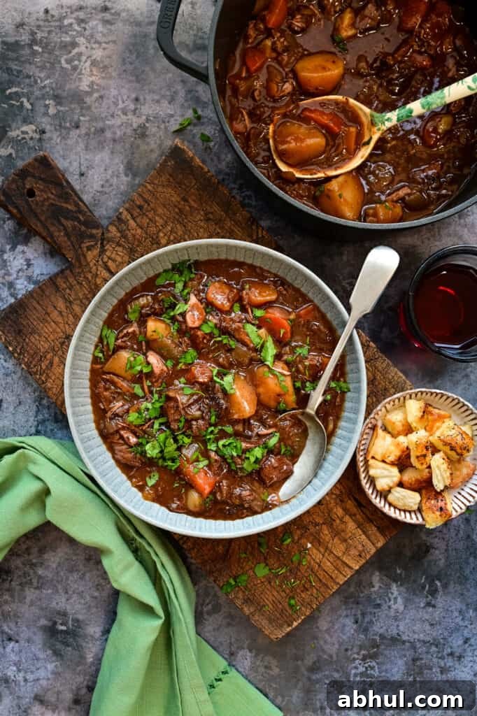 Serving of beef stew in a bowl with Dutch Oven on the side