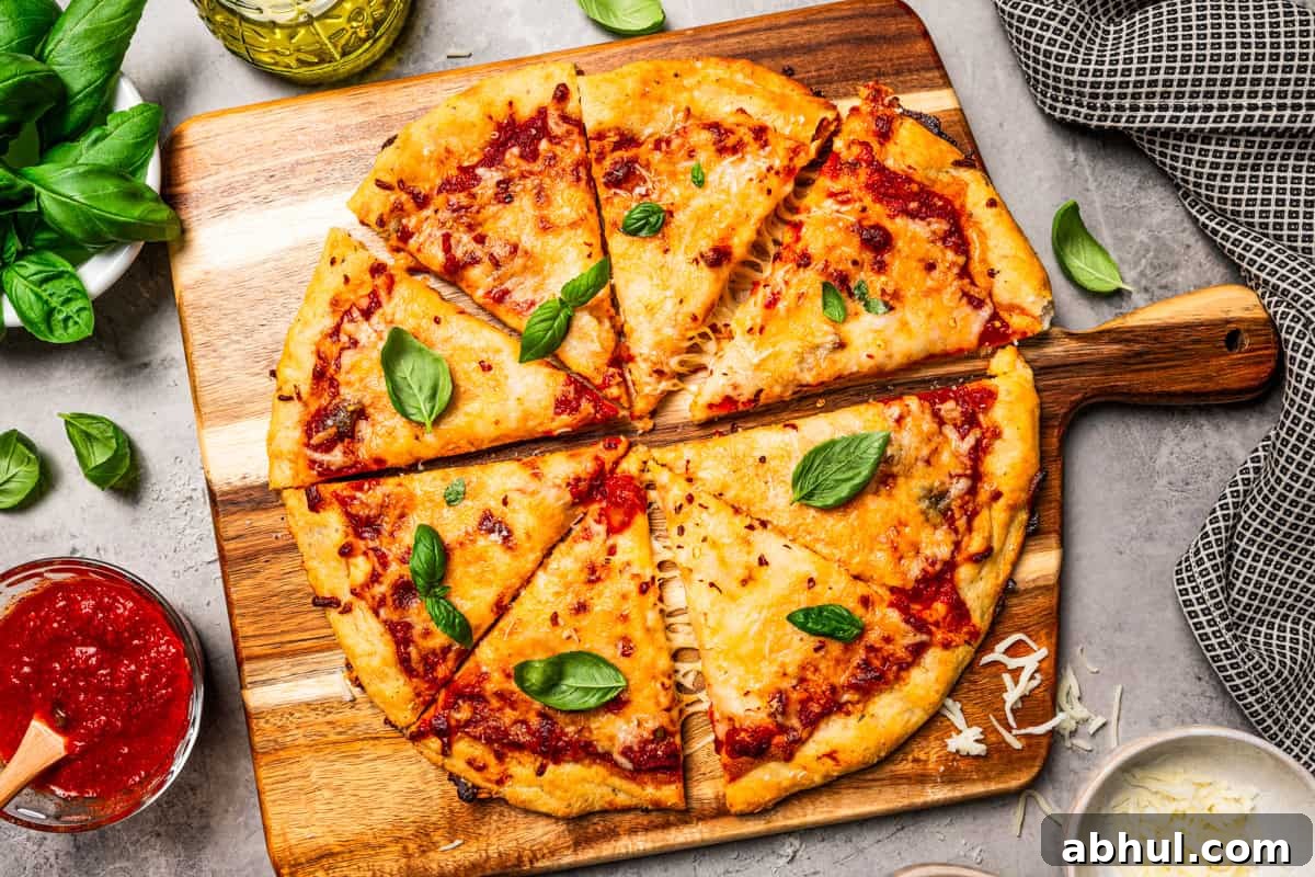 Cottage cheese pizza crust topped with margherita toppings, cut into slices on a wooden cutting board.