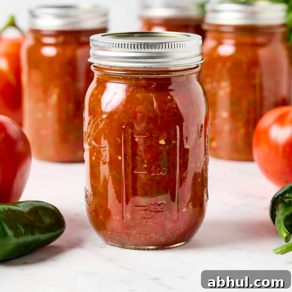 Jars of canned homemade salsa sitting on marble surface with tomatoes and peppers around.