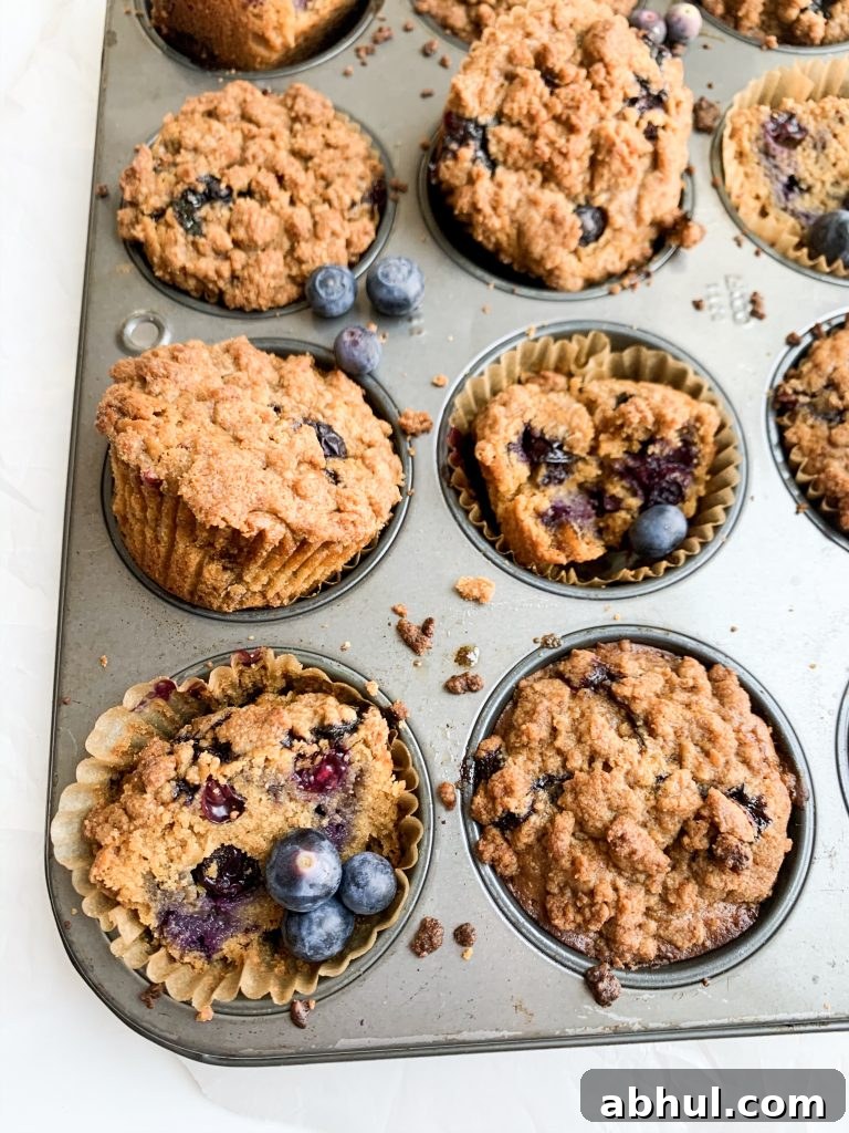 blueberry crumb muffins in a muffin tin with extra blueberries