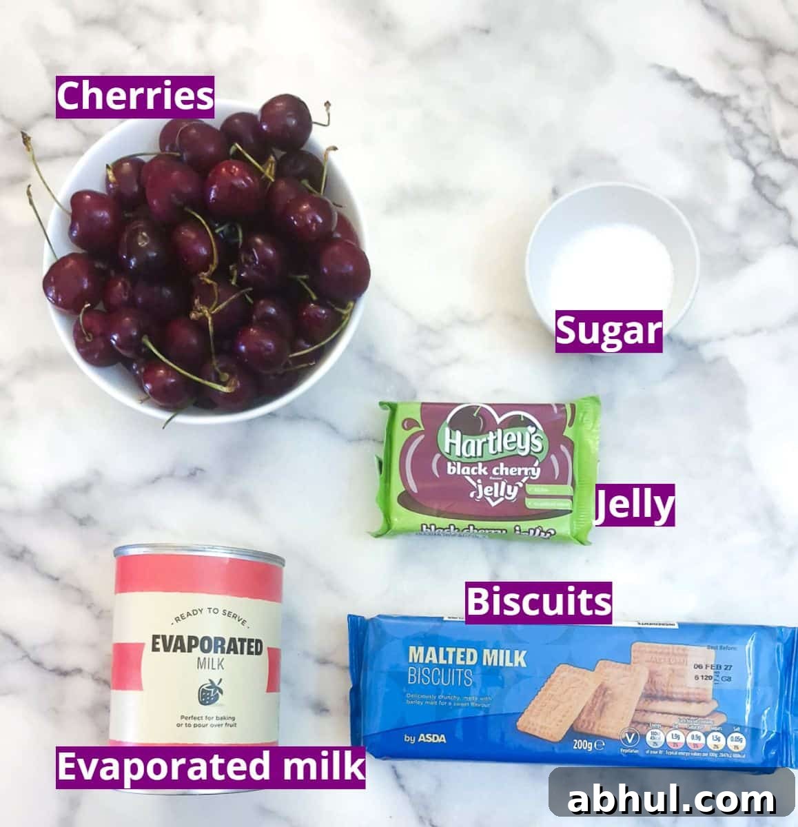 Ingredients for a milk jelly cherry dessert.