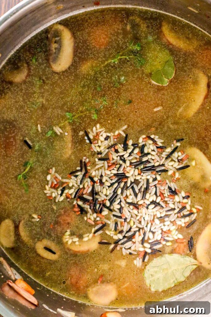 mushroom herbs and wild rice in soup broth