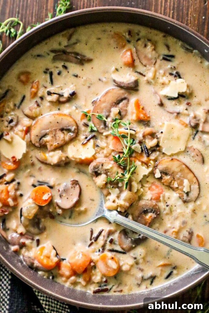creamy mushroom and wild rice soup with parmesan