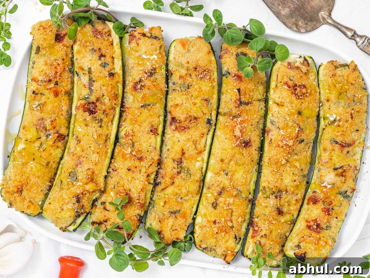 stuffed zucchini on a platter with herbs