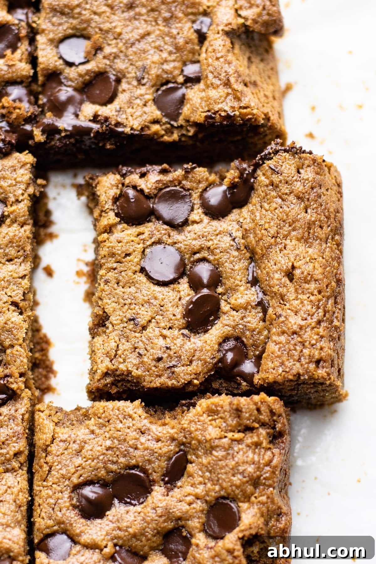 A close up image of chocolate chip oatmeal bar on white parchment paper.