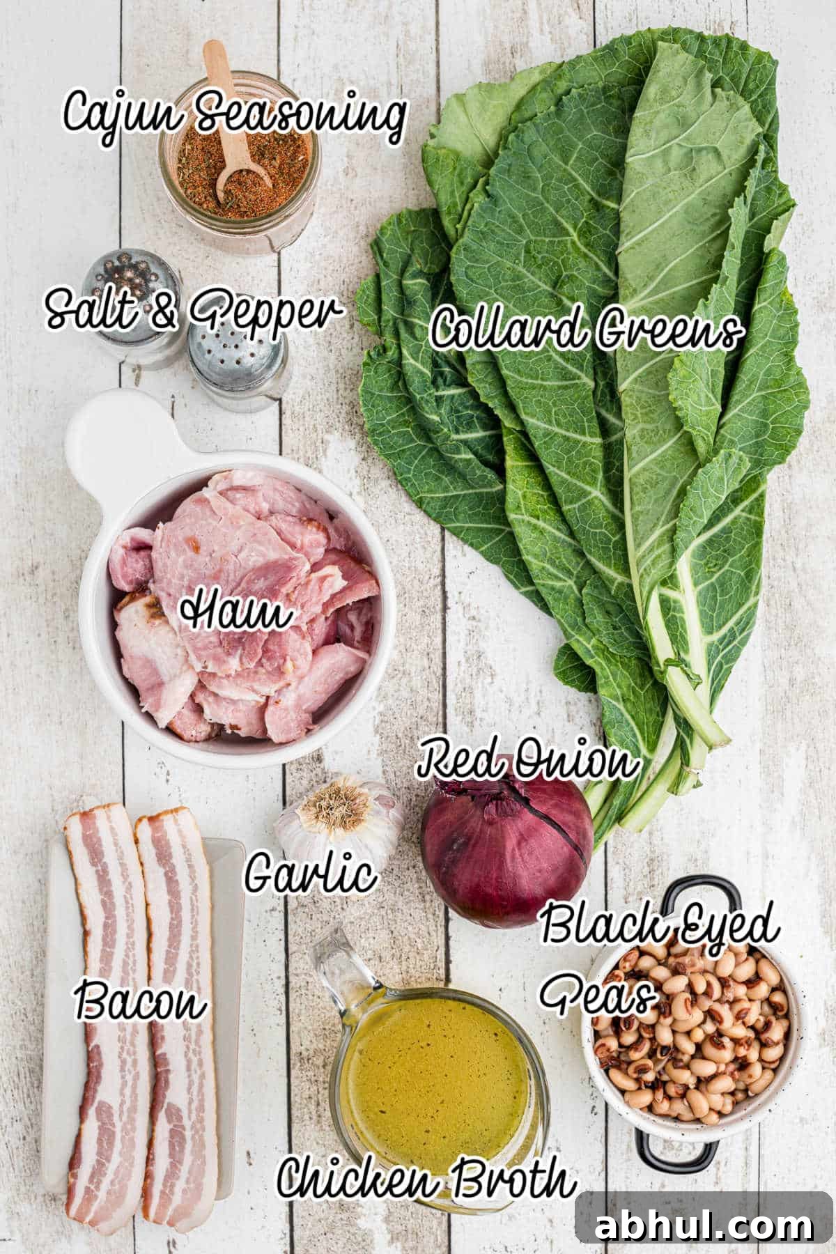 Ingredients laid out showing what would be needed to make a Southern Black Eyed Peas and Collard Greens Recipe.